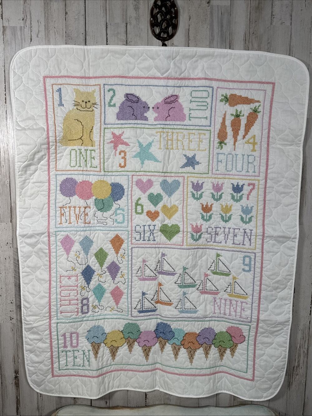 Vintage New Completed Cross Stitch Nursery Baby Quilt Crib Blanket Numbers